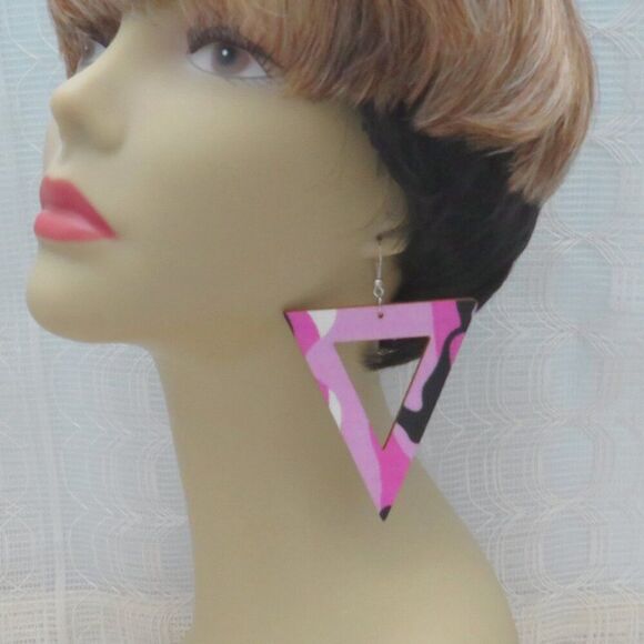 Fashion Inverted Triangle Purple Camo Colored Earrings for Women Statement - Picture 2 of 6